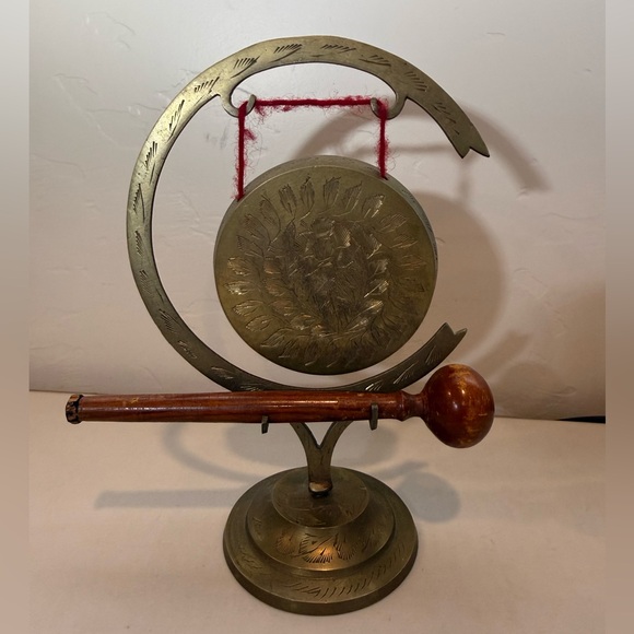 Vintage Decorative Etched Brass Gong with Wooden Mallet signed numbered India
